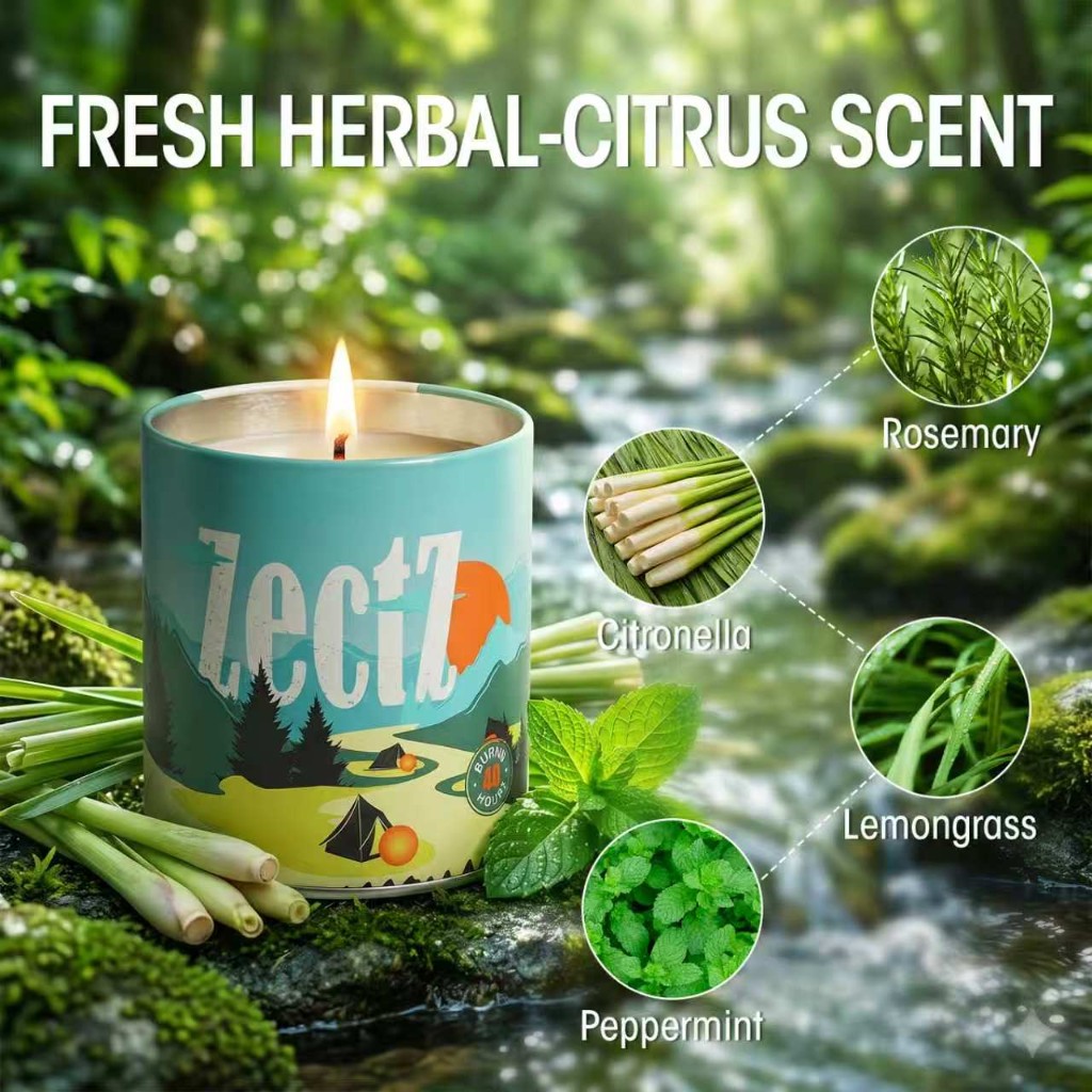 Herbal citrus scent notes: citronella, rosemary, lemongrass, peppermint