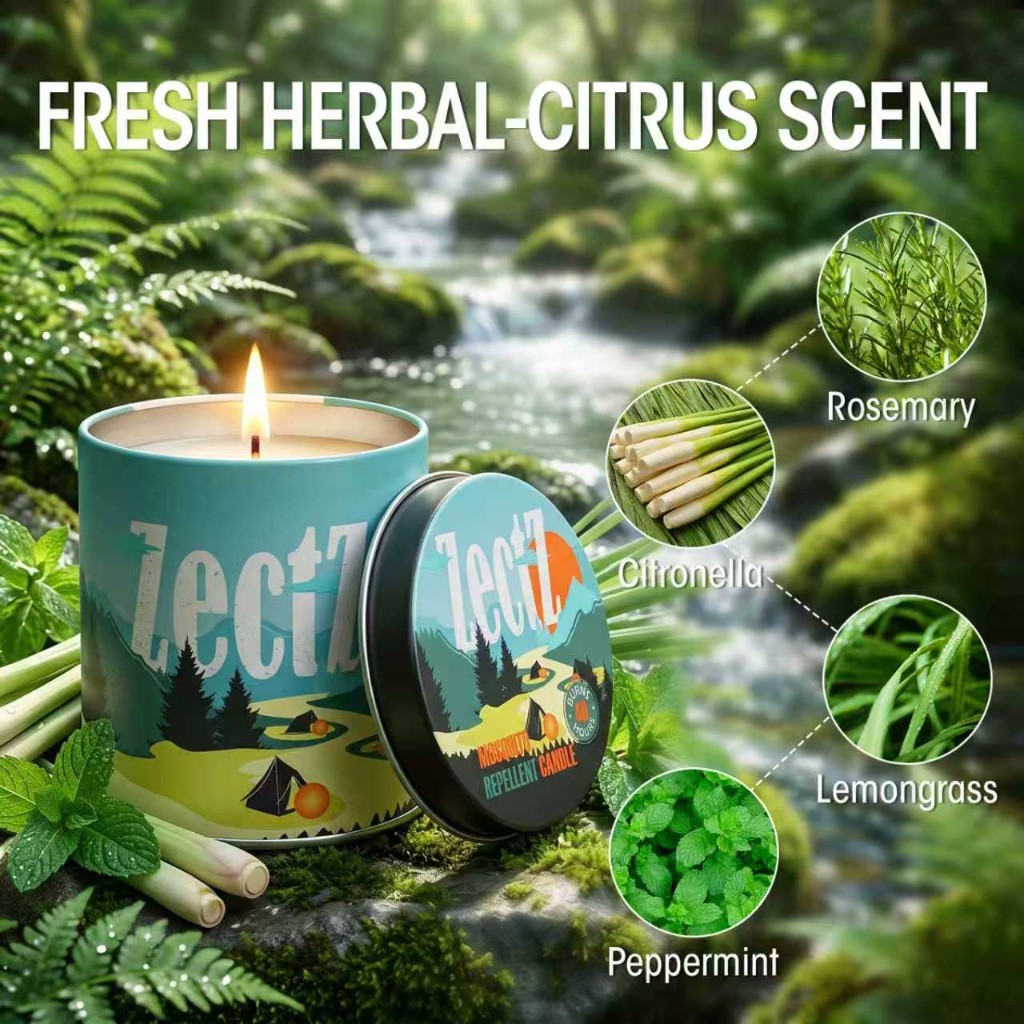 Mosquito repellent candle with herbal citrus scent notes